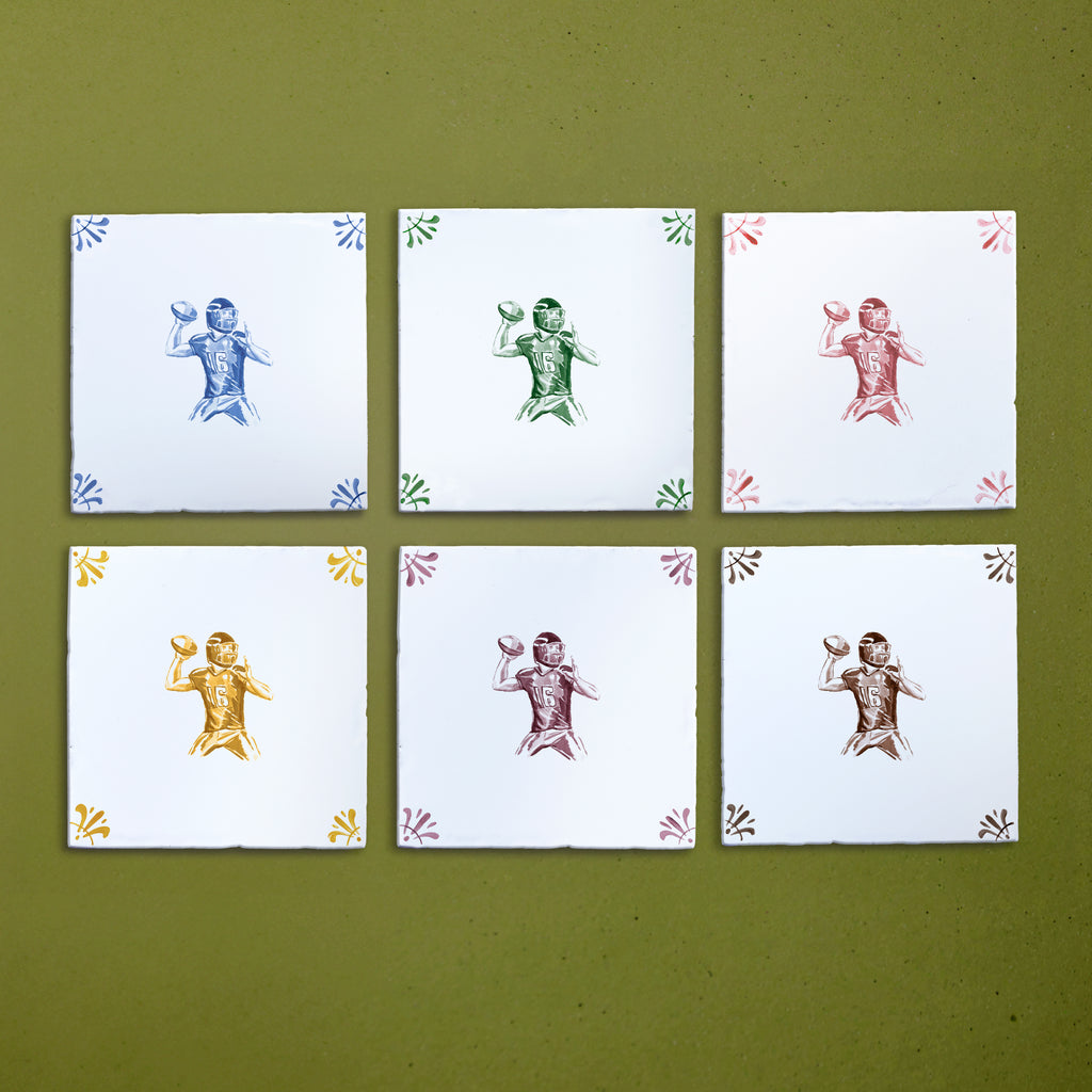 Six square tiles with illustrated american football player in blue, green, red, yellow, and brown on a green background.