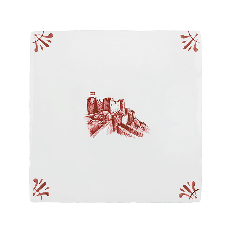 White tile with red castle illustration with decorative elements