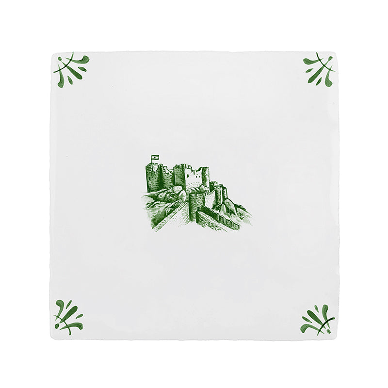 White tile with green castle illustration with decorative elements