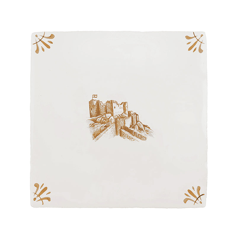 White tile with mustard
 castle design with decorative corners