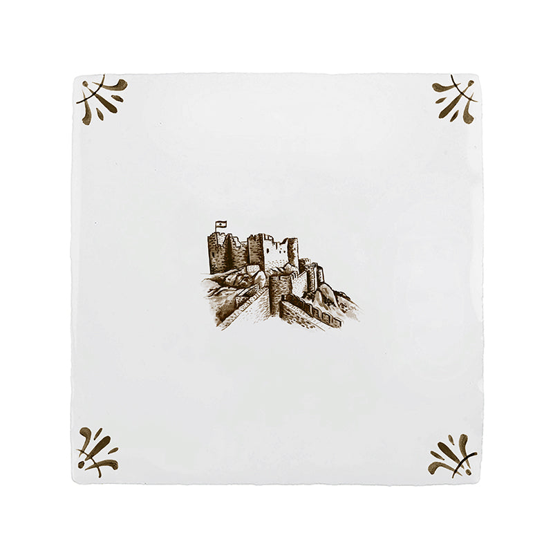White tile with sepia castle design with decorative corners