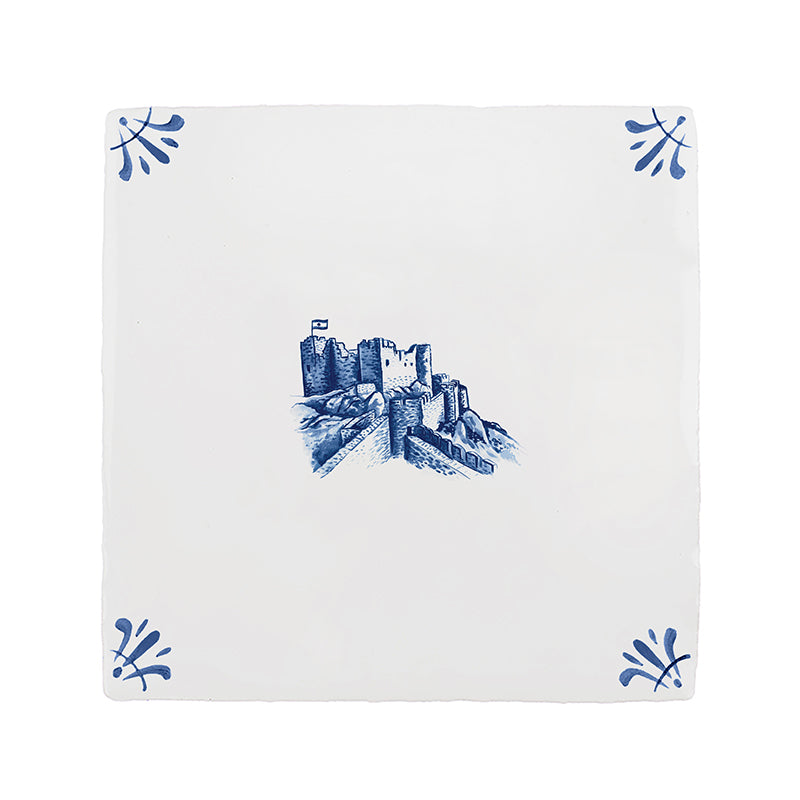 White tile with blue castle design with decorative corners
