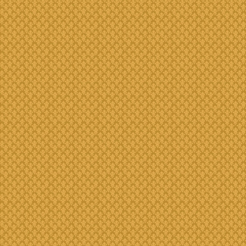 A close-up of a textured fabric or wallpaper pattern in warm mustard yellow and golden tan, showing a repeating small geometric floral motif.