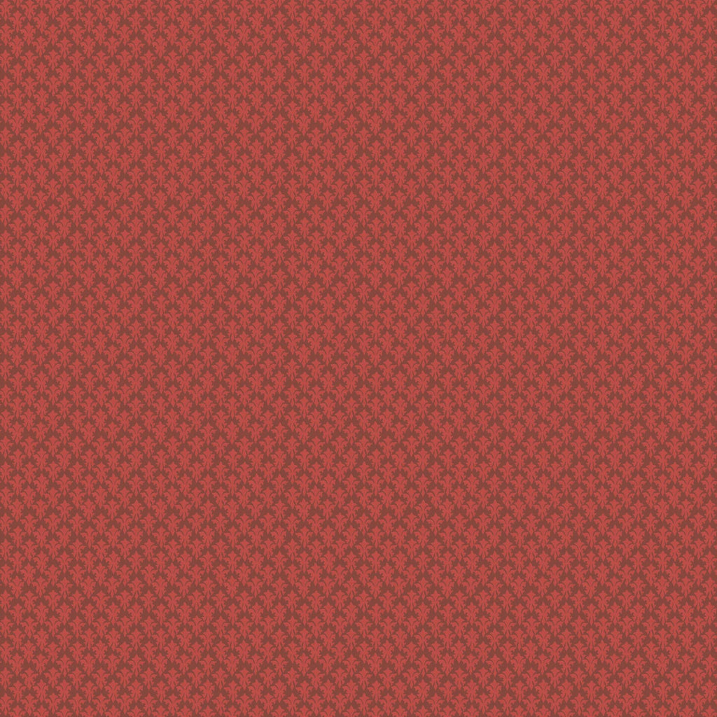A close-up of a textured fabric or wallpaper pattern in a muted terracotta red with a repeating small geometric motif.