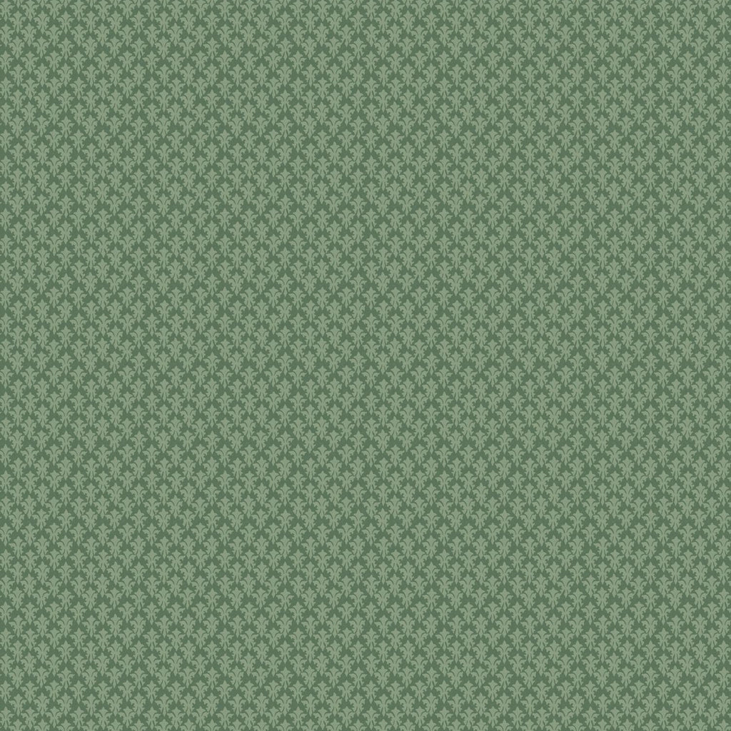 A close-up of a repeating fabric or wallpaper pattern in muted sage green, featuring a small-scale geometric lattice design.