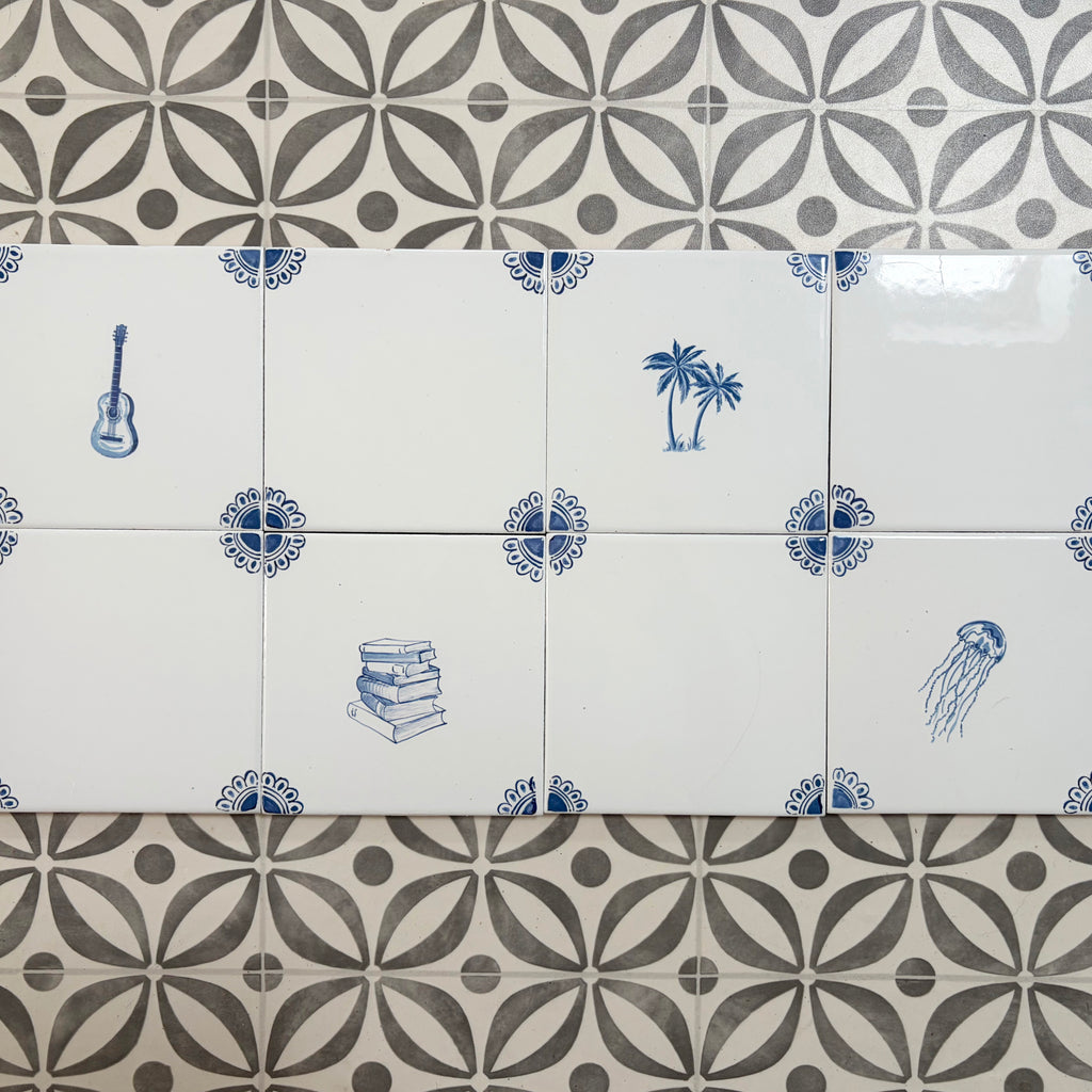 End of Line, set of 8 Delft Tiles, Petal Corners, 12.5cm