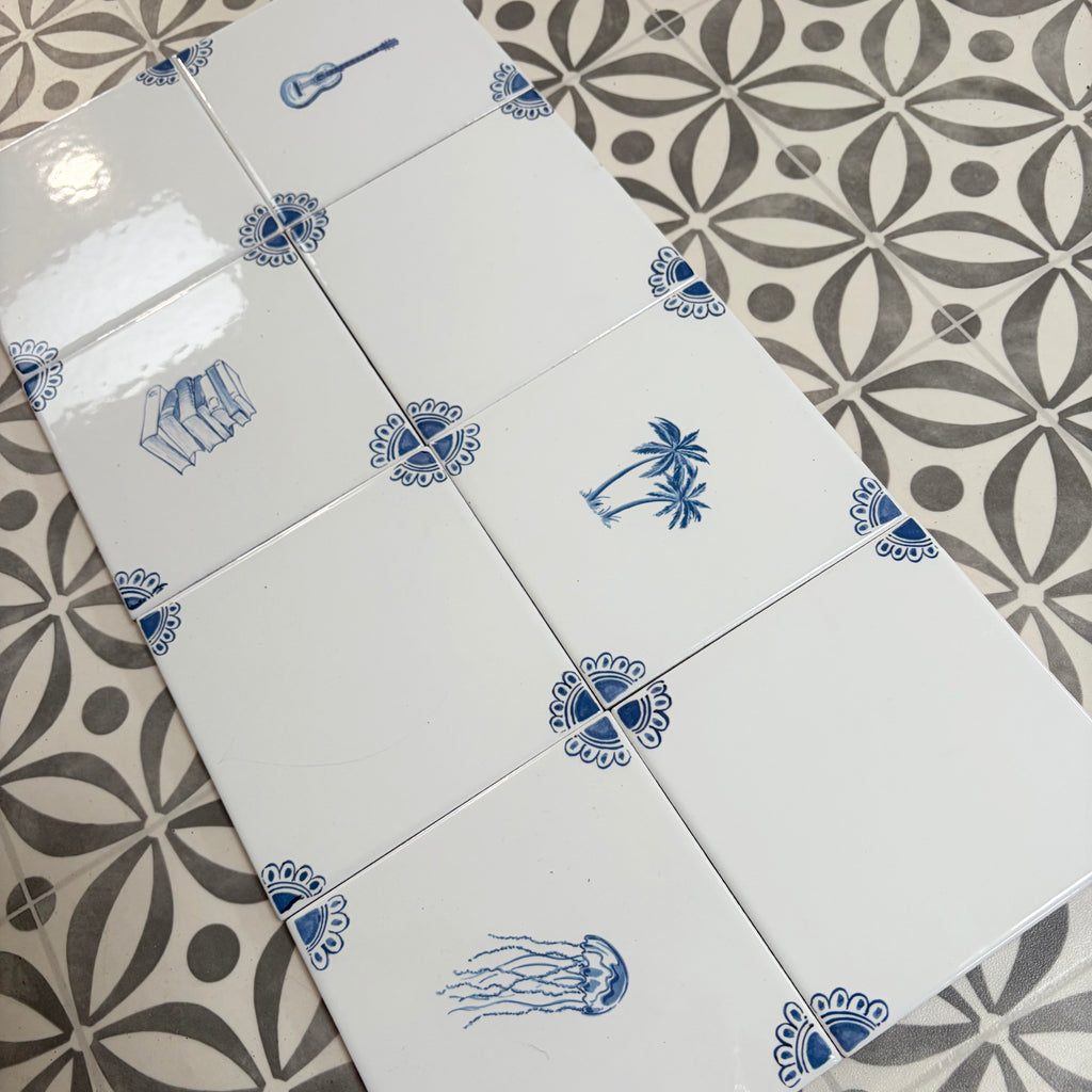 End of Line, set of 8 Delft Tiles, Petal Corners, 12.5cm