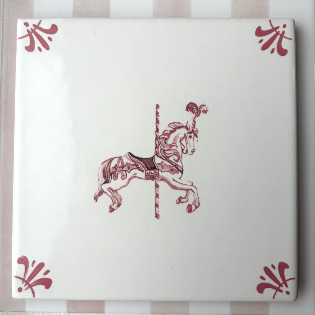 End of Line, Carousel Horse Delft Tile, Crimson, 12.5cm