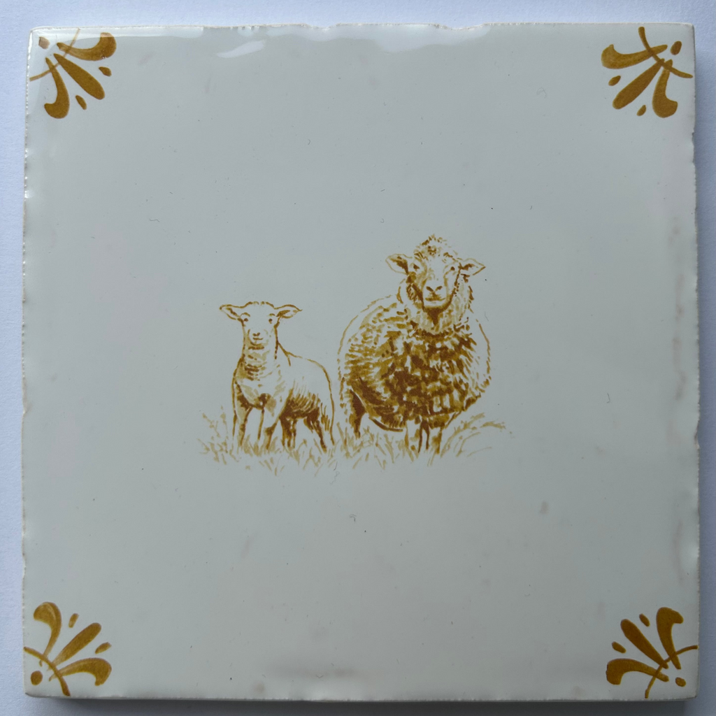 End of Line Sheep and Lamb Delft Tile - Mustard 12.5cm