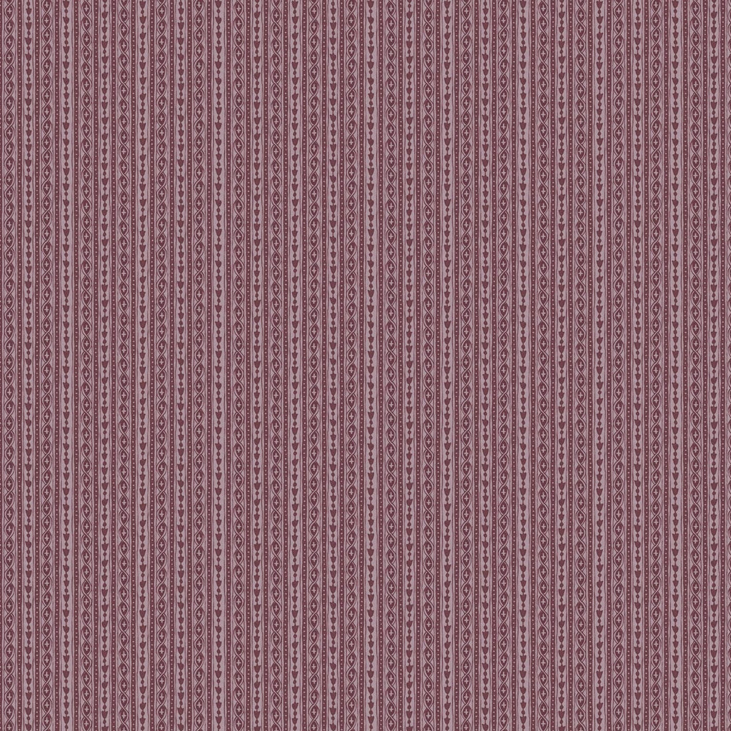 A close-up of a repeating vertical stripe pattern in dusty mauve and muted pink, with small ornamental motifs inside each stripe.