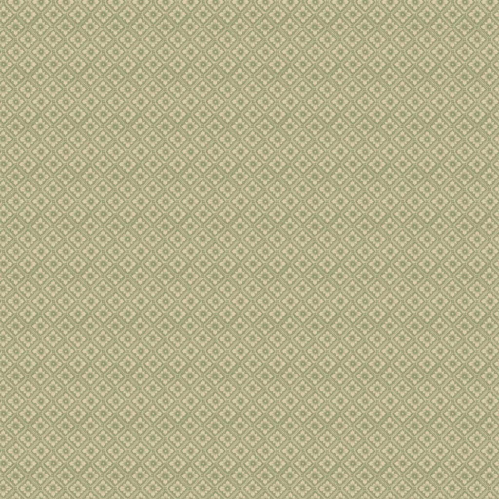 A close-up of a repeating fabric or wallpaper pattern in muted sage green and beige, showing a small diamond motif repeated across the full frame.