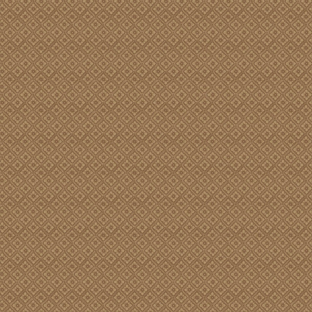 A close-up of a brown fabric or wallpaper pattern featuring a repeating small geometric diamond design.