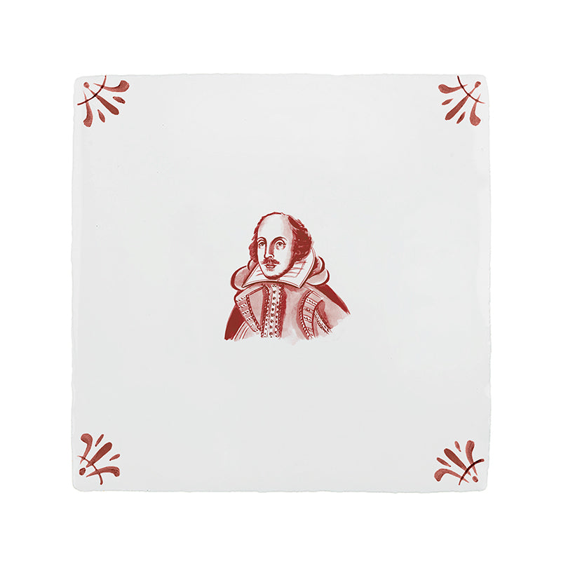 White tile with crimson illustration of William Shakespeare