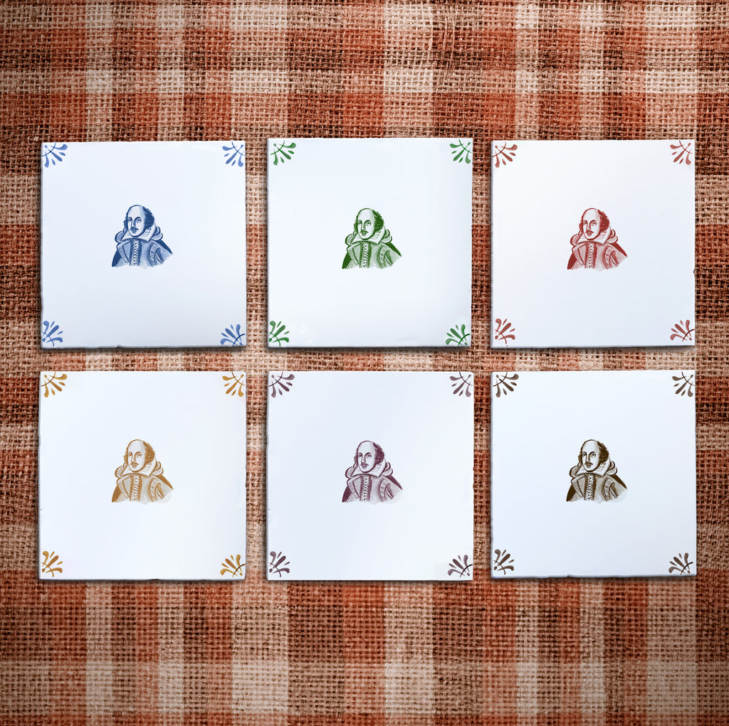 Six square tiles in blue, green, crimson, mustard, manganese, sepia with an illustration of William Shakespeare on a tartan background.