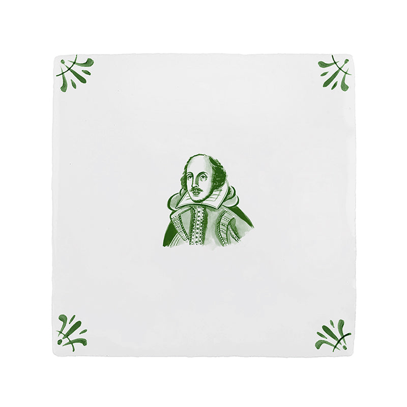 White tile with green illustration of William Shakespeare