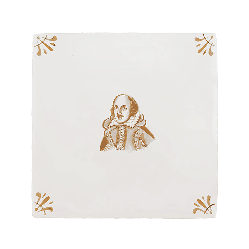 White tile with mustard illustration of William Shakespeare
