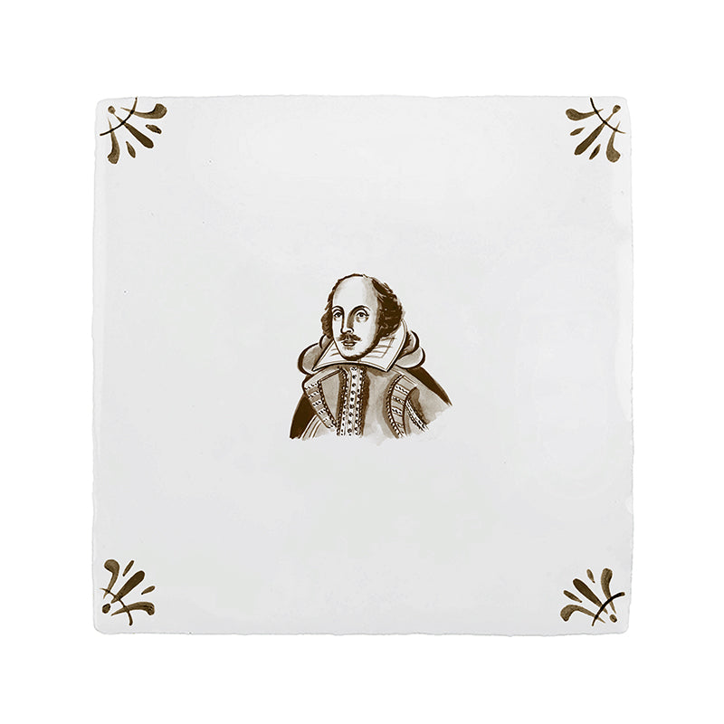 White tile with sepia illustration of William Shakespeare