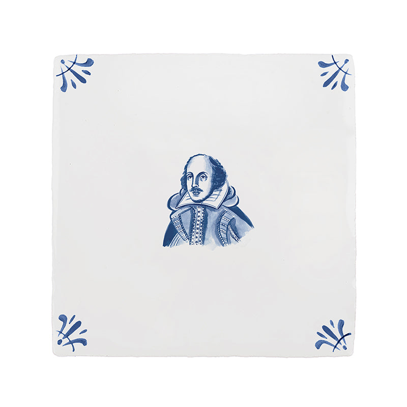 White tile with blue illustration of William Shakespeare