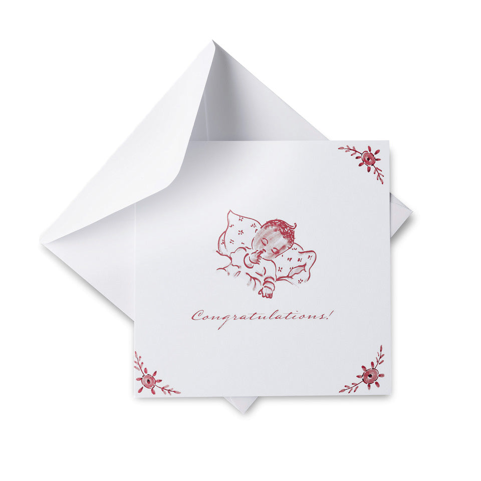 White card with red floral design and 'Congratulations!' text, paired with a matching white envelope on a white background.