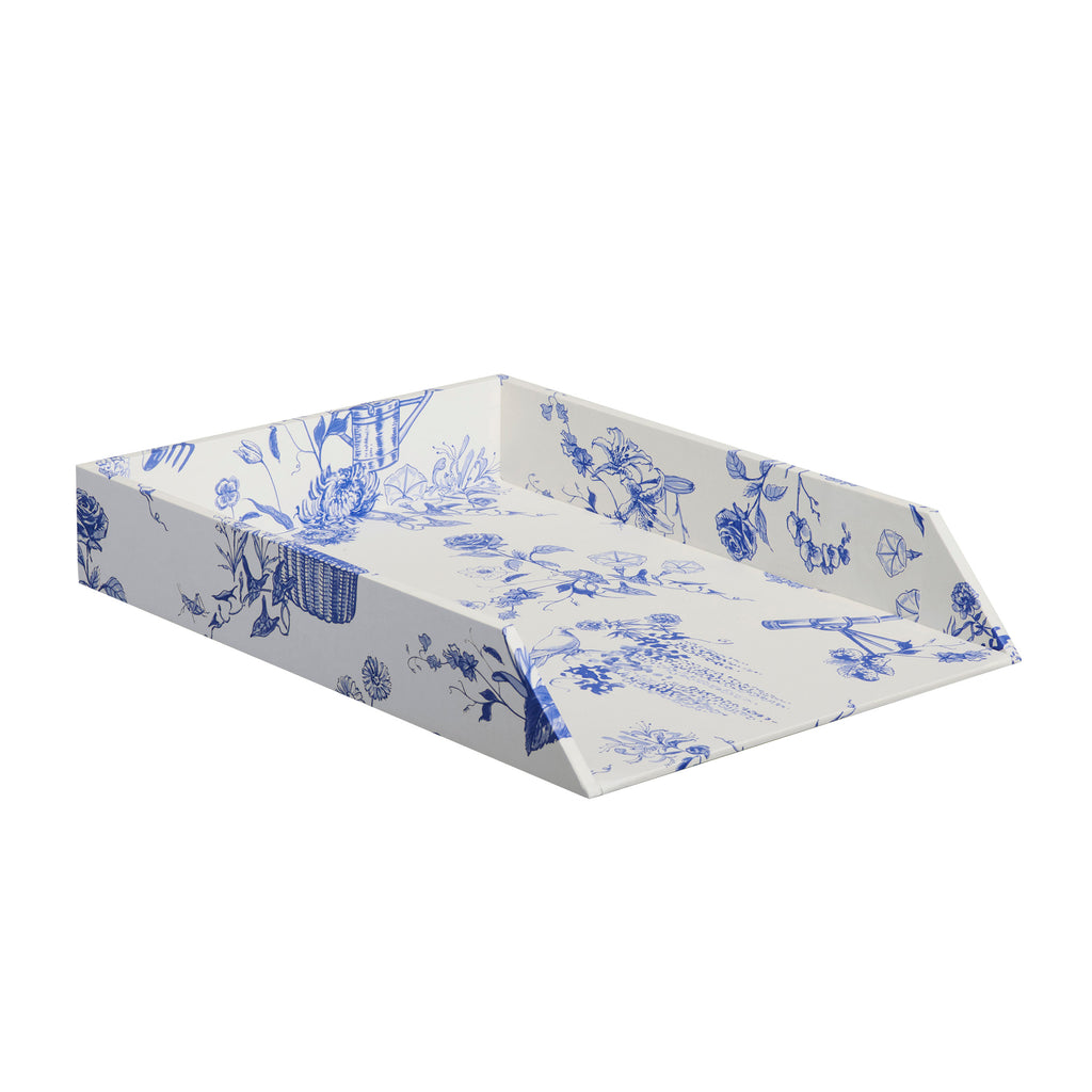 A rectangular office desk paper tray with a blue and white toile de Jouy pattern, shown from a three-quarters perspective on a solid white background.