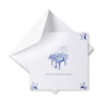 White card with blue piano illustration and text on a white background