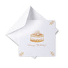 White birthday card with yellow cake illustration and 'Happy Birthday!' text on a white background