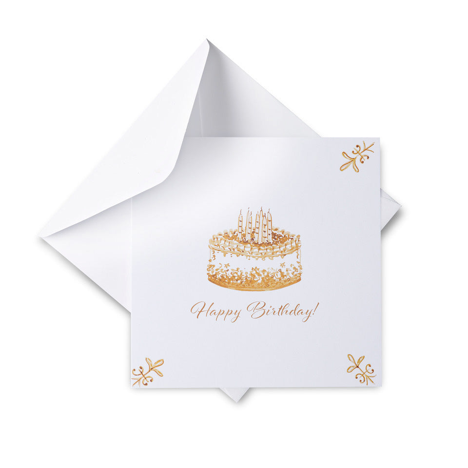 White birthday card with yellow cake illustration and 'Happy Birthday!' text on a white background