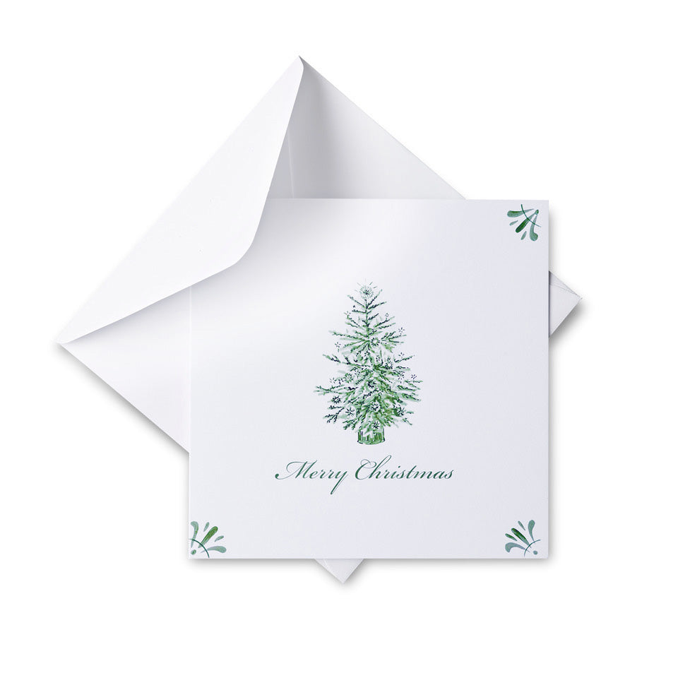 White card with green Christmas tree design and 'Merry Christmas' text, accompanied by a matching white envelope.