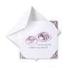 Greeting card with a cup of coffee and croissant illustration and text 'You make my mornings bright' on a white background.