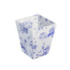 A square white waste paper basket bin with a blue toile de Jouy pattern inside and out, featuring delicate illustrations of flowers, books, and birds, shown on a plain white background.
