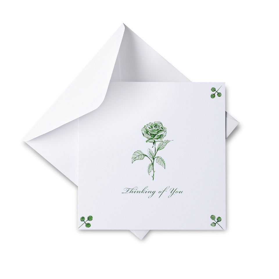 Greeting card with green rose design and 'Thinking of You' text on a white background
